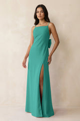 Spaghetti Strap Sheath Satin Bridesmaid Dress with Bow in Sea Glass - KissProm Bridesmaid Dresses