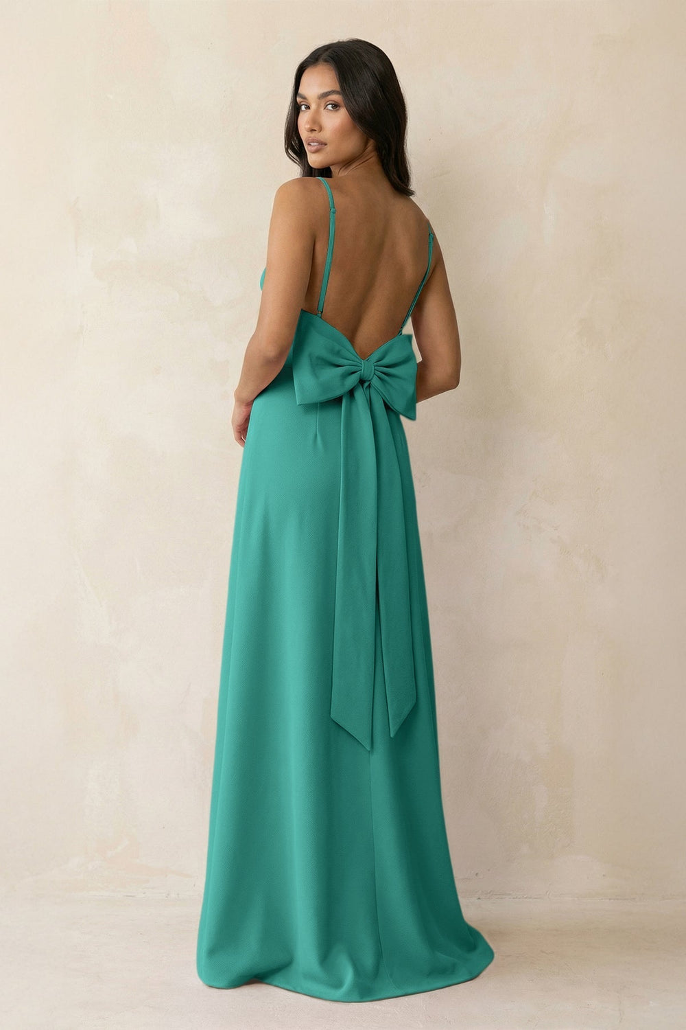 Spaghetti Strap Sheath Satin Bridesmaid Dress with Bow in Sea Glass - KissProm Bridesmaid Dresses