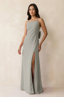Spaghetti Strap Sheath Satin Bridesmaid Dress with Bow in Silver - KissProm Bridesmaid Dresses