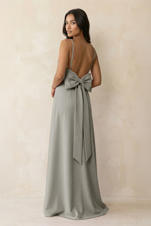 Spaghetti Strap Sheath Satin Bridesmaid Dress with Bow in Silver - KissProm Bridesmaid Dresses