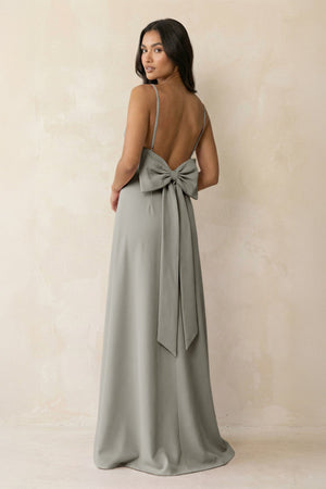 Spaghetti Strap Sheath Satin Bridesmaid Dress with Bow in Silver - KissProm Bridesmaid Dresses