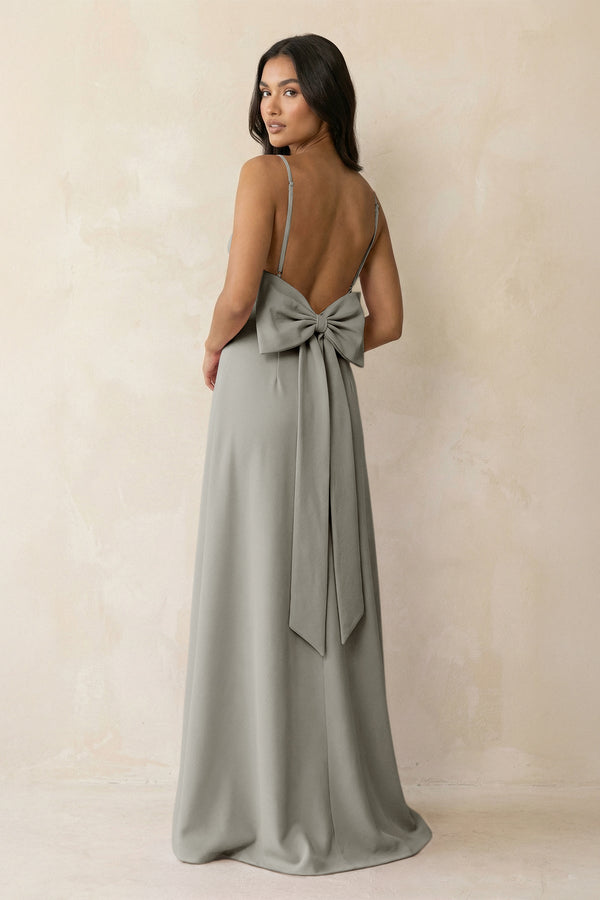 Spaghetti Strap Sheath Satin Bridesmaid Dress with Bow in Silver - KissProm Bridesmaid Dresses