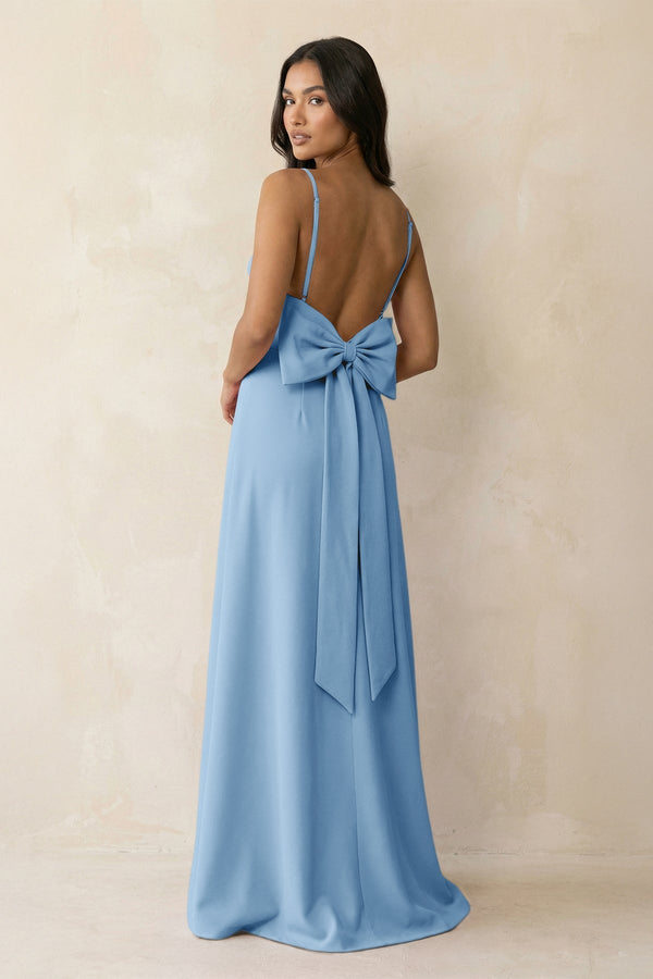 Spaghetti Strap Sheath Satin Bridesmaid Dress with Bow in Sky Blue - KissProm Bridesmaid Dresses