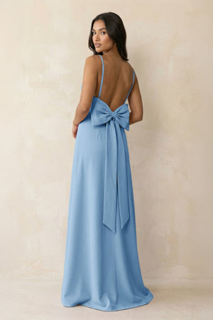 Spaghetti Strap Sheath Satin Bridesmaid Dress with Bow in Sky Blue - KissProm Bridesmaid Dresses