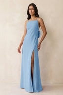 Spaghetti Strap Sheath Satin Bridesmaid Dress with Bow in Sky Blue - KissProm Bridesmaid Dresses