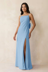 Spaghetti Strap Sheath Satin Bridesmaid Dress with Bow in Sky Blue - KissProm Bridesmaid Dresses