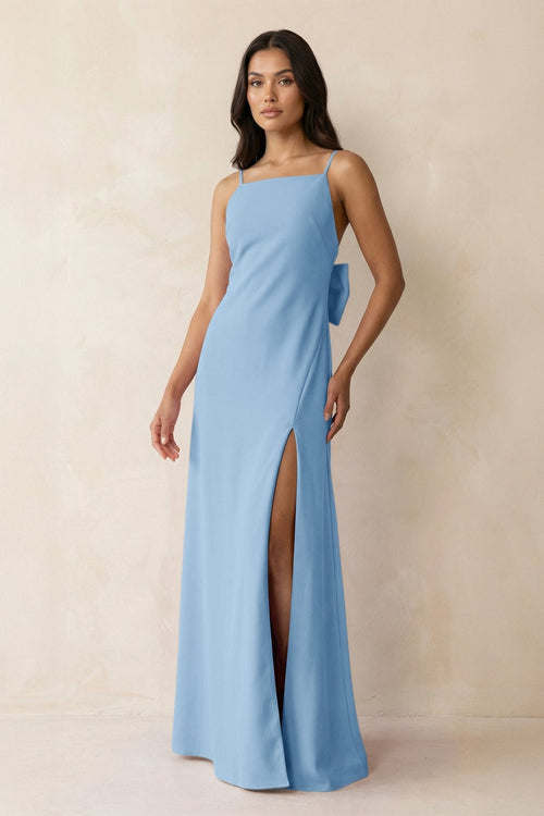 Spaghetti Strap Sheath Satin Bridesmaid Dress with Bow in Sky Blue - KissProm Bridesmaid Dresses