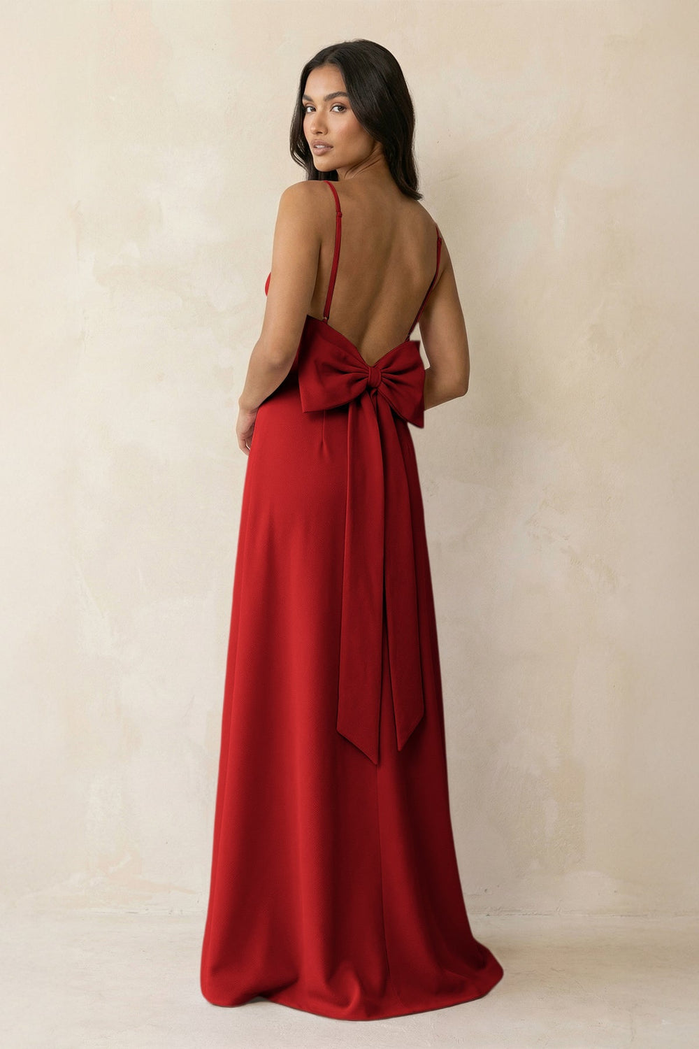 Spaghetti Strap Sheath Satin Bridesmaid Dress with Bow in Spice - KissProm Bridesmaid Dresses