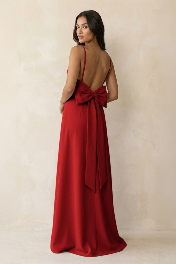 Spaghetti Strap Sheath Satin Bridesmaid Dress with Bow in Spice - KissProm Bridesmaid Dresses