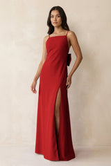 Spaghetti Strap Sheath Satin Bridesmaid Dress with Bow in Spice - KissProm Bridesmaid Dresses