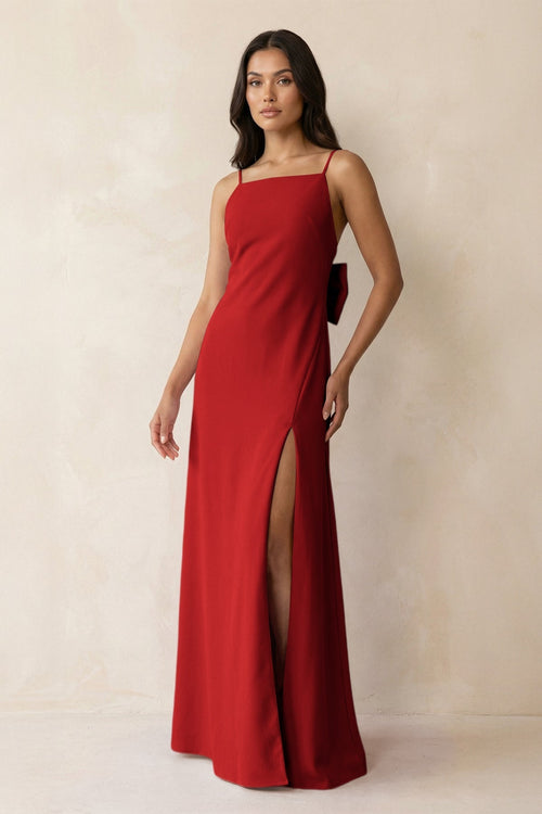 Spaghetti Strap Sheath Satin Bridesmaid Dress with Bow in Spice - KissProm Bridesmaid Dresses