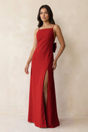 Spaghetti Strap Sheath Satin Bridesmaid Dress with Bow in Spice - KissProm Bridesmaid Dresses