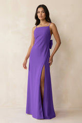 Spaghetti Strap Sheath Satin Bridesmaid Dress with Bow in Tahiti - KissProm Bridesmaid Dresses