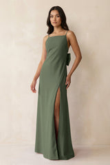 Spaghetti Strap Sheath Satin Bridesmaid Dress with Bow in Thyme - KissProm Bridesmaid Dresses