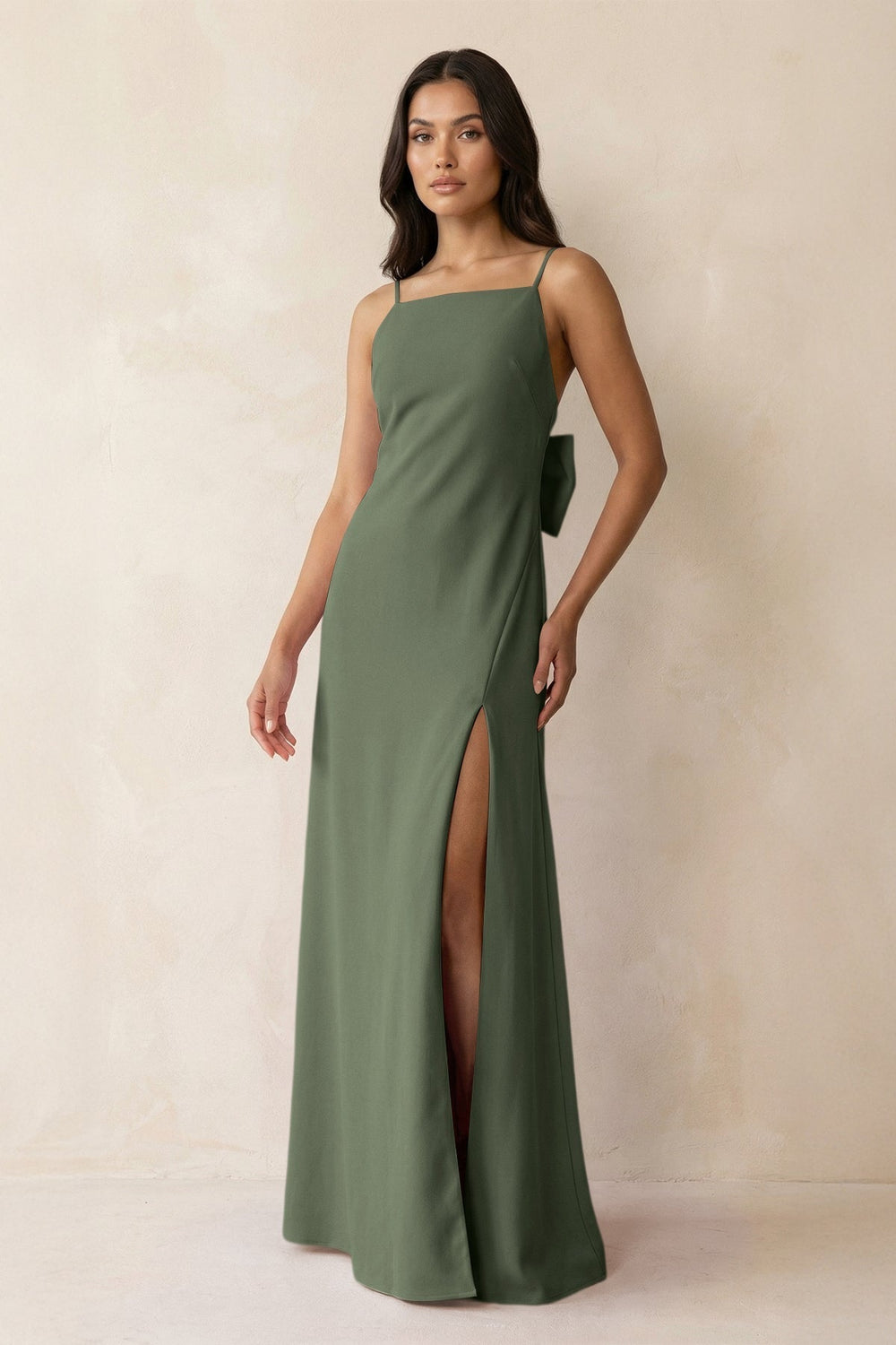 Spaghetti Strap Sheath Satin Bridesmaid Dress with Bow in Thyme - KissProm Bridesmaid Dresses