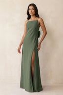 Spaghetti Strap Sheath Satin Bridesmaid Dress with Bow in Thyme - KissProm Bridesmaid Dresses