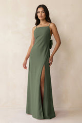 Spaghetti Strap Sheath Satin Bridesmaid Dress with Bow in Thyme - KissProm Bridesmaid Dresses