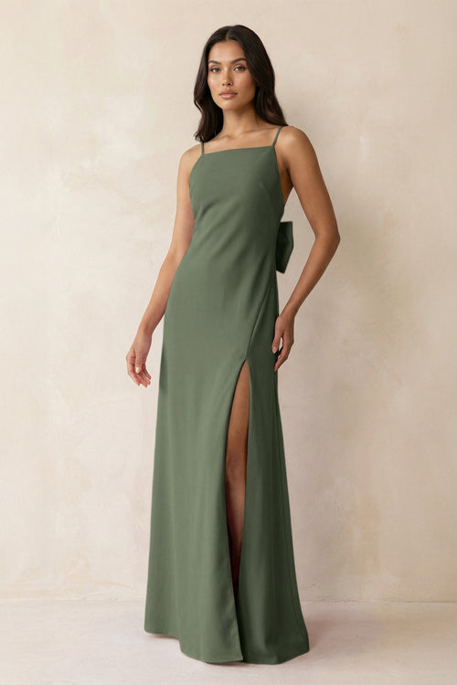 Spaghetti Strap Sheath Satin Bridesmaid Dress with Bow in Thyme - KissProm Bridesmaid Dresses