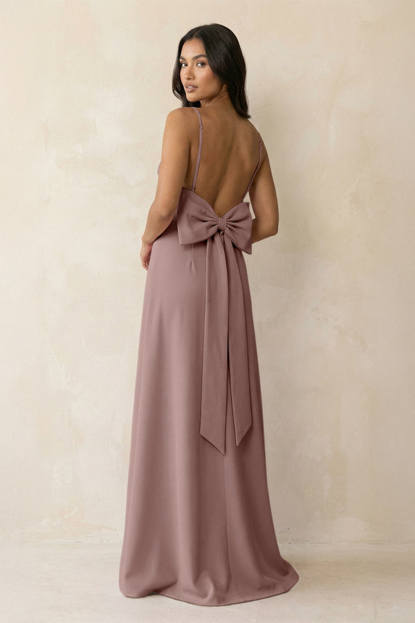 Spaghetti Strap Sheath Satin Bridesmaid Dress with Bow in Toffee - KissProm Bridesmaid Dresses