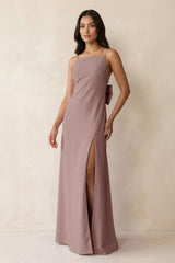 Spaghetti Strap Sheath Satin Bridesmaid Dress with Bow in Toffee - KissProm Bridesmaid Dresses