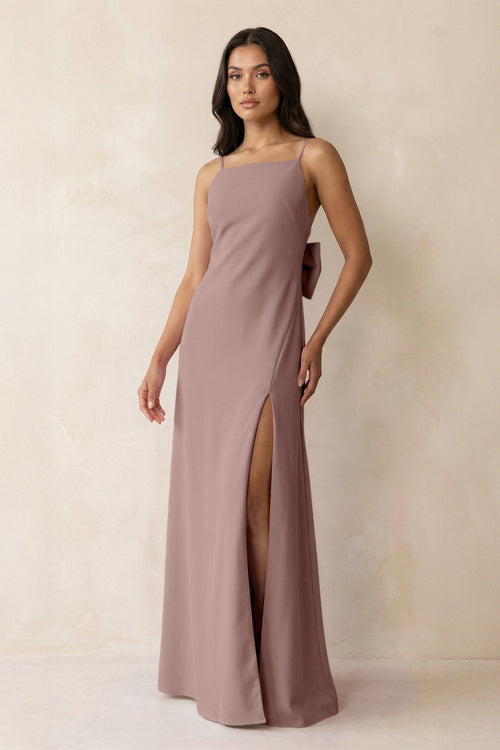 Spaghetti Strap Sheath Satin Bridesmaid Dress with Bow in Toffee - KissProm Bridesmaid Dresses