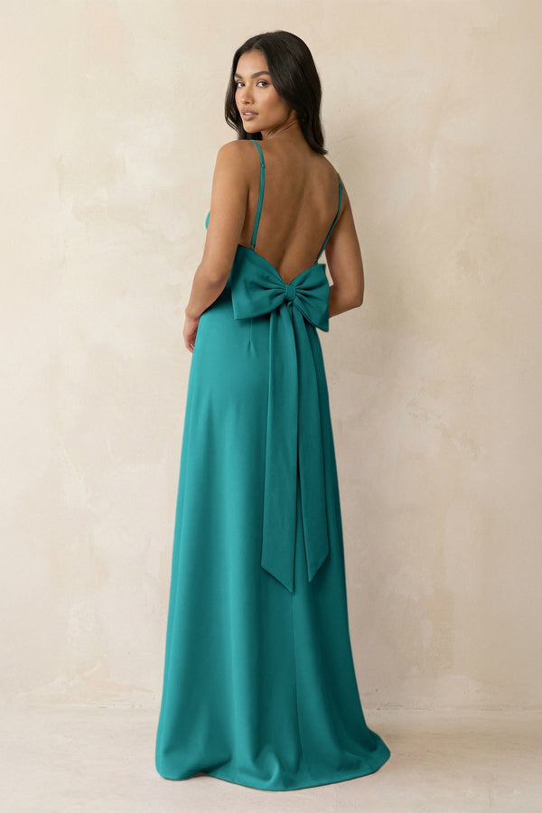 Spaghetti Strap Sheath Satin Bridesmaid Dress with Bow in Turquoise - KissProm Bridesmaid Dresses