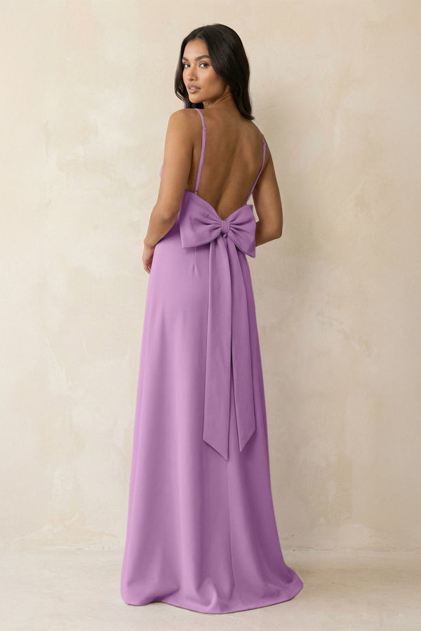 Spaghetti Strap Sheath Satin Bridesmaid Dress with Bow in Vintage Mauve - KissProm Bridesmaid Dresses
