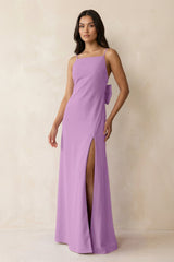 Spaghetti Strap Sheath Satin Bridesmaid Dress with Bow in Vintage Mauve - KissProm Bridesmaid Dresses