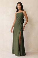 Spaghetti Strap Sheath Satin Bridesmaid Dress with Bow in Willow Green - KissProm Bridesmaid Dresses