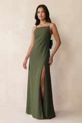 Spaghetti Strap Sheath Satin Bridesmaid Dress with Bow in Willow Green - KissProm Bridesmaid Dresses