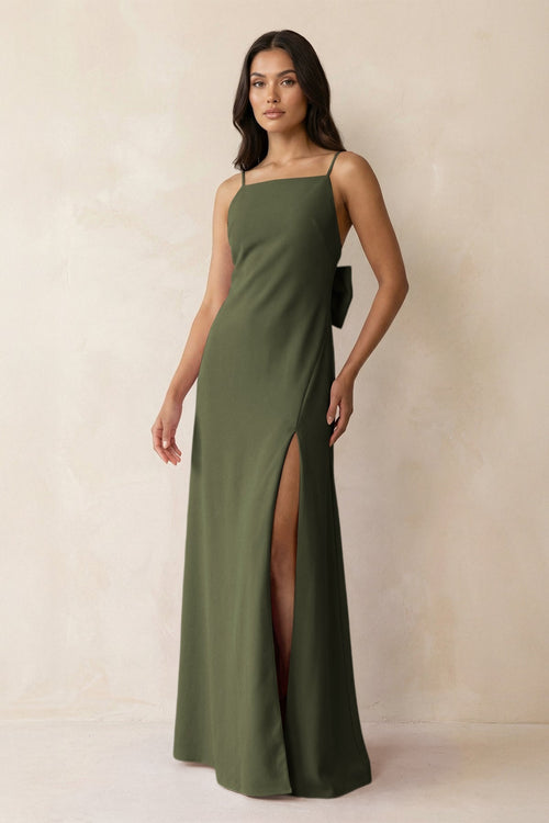 Spaghetti Strap Sheath Satin Bridesmaid Dress with Bow in Willow Green - KissProm Bridesmaid Dresses