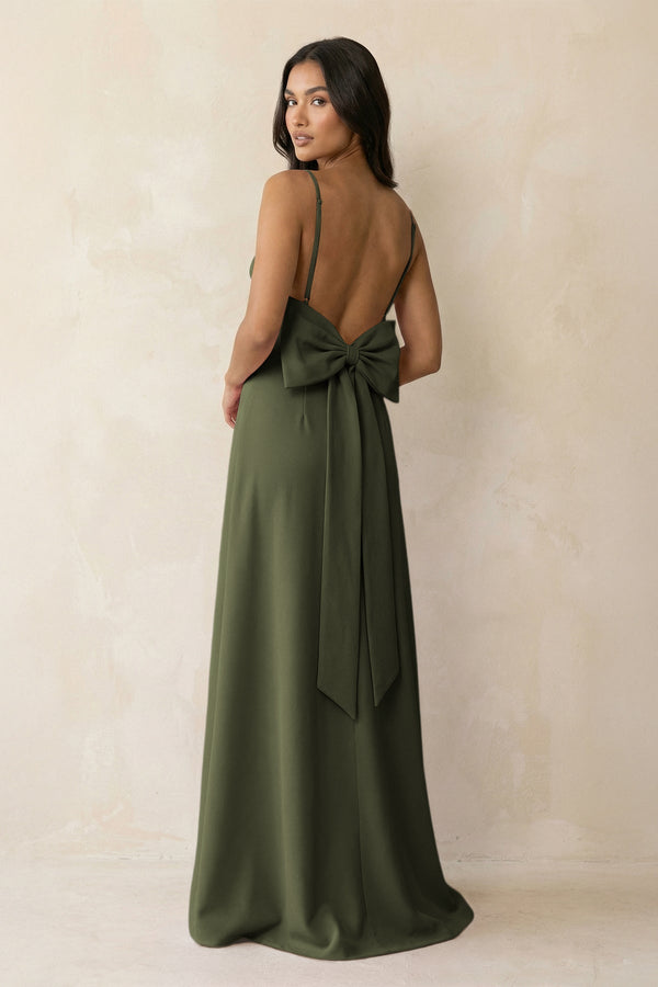Spaghetti Strap Sheath Satin Bridesmaid Dress with Bow in Willow Green - KissProm Bridesmaid Dresses