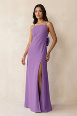 Spaghetti Strap Sheath Satin Bridesmaid Dress with Bow in Wisteria - KissProm Bridesmaid Dresses