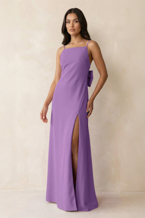 Spaghetti Strap Sheath Satin Bridesmaid Dress with Bow in Wisteria - KissProm Bridesmaid Dresses