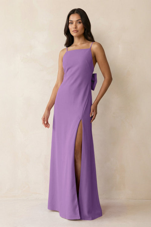 Spaghetti Strap Sheath Satin Bridesmaid Dress with Bow in Wisteria - KissProm Bridesmaid Dresses