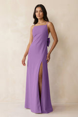 Spaghetti Strap Sheath Satin Bridesmaid Dress with Bow in Wisteria - KissProm Bridesmaid Dresses