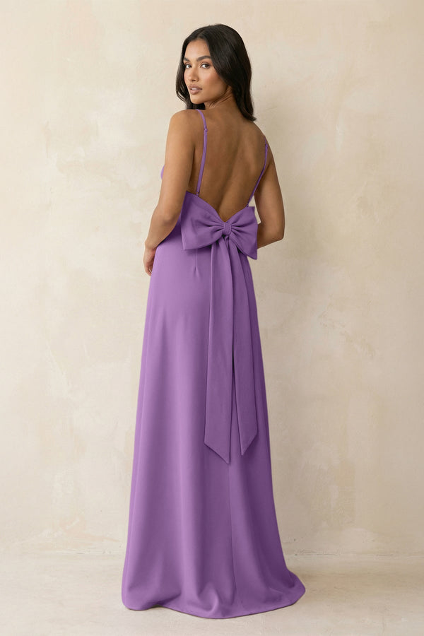 Spaghetti Strap Sheath Satin Bridesmaid Dress with Bow in Wisteria - KissProm Bridesmaid Dresses