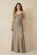 Spaghetti Strap Sheath Satin Bridesmaid Dress With Slit in Almond - KissProm Bridesmaid Dresses