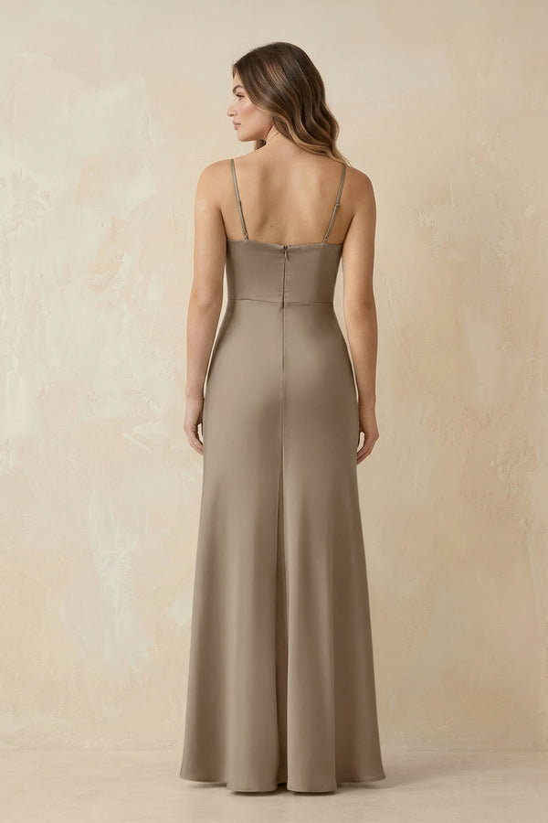 Spaghetti Strap Sheath Satin Bridesmaid Dress With Slit in Almond - KissProm Bridesmaid Dresses