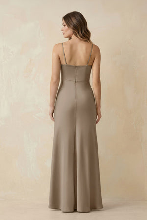 Spaghetti Strap Sheath Satin Bridesmaid Dress With Slit in Almond - KissProm Bridesmaid Dresses