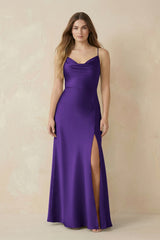Spaghetti Strap Sheath Satin Bridesmaid Dress With Slit in Amethyst - KissProm Bridesmaid Dresses