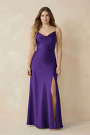 Spaghetti Strap Sheath Satin Bridesmaid Dress With Slit in Amethyst - KissProm Bridesmaid Dresses