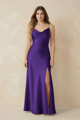 Spaghetti Strap Sheath Satin Bridesmaid Dress With Slit in Amethyst - KissProm Bridesmaid Dresses