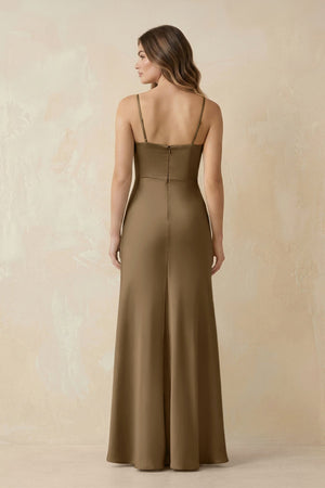 Spaghetti Strap Sheath Satin Bridesmaid Dress With Slit in Apple Cinnamon - KissProm Bridesmaid Dresses