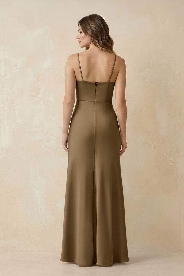 Spaghetti Strap Sheath Satin Bridesmaid Dress With Slit in Apple Cinnamon - KissProm Bridesmaid Dresses