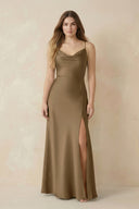 Spaghetti Strap Sheath Satin Bridesmaid Dress With Slit in Apple Cinnamon - KissProm Bridesmaid Dresses