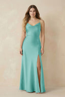 Spaghetti Strap Sheath Satin Bridesmaid Dress With Slit in Aqua - KissProm Bridesmaid Dresses