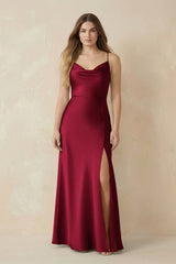 Spaghetti Strap Sheath Satin Bridesmaid Dress With Slit in Berry - KissProm Bridesmaid Dresses