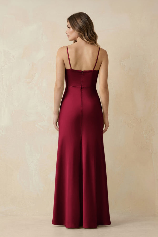 Spaghetti Strap Sheath Satin Bridesmaid Dress With Slit in Berry - KissProm Bridesmaid Dresses