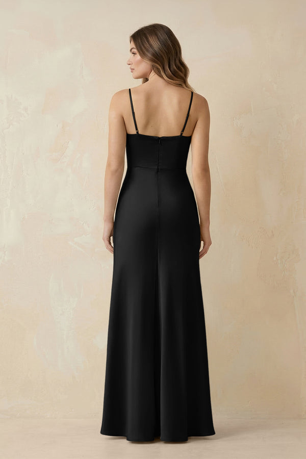 Spaghetti Strap Sheath Satin Bridesmaid Dress With Slit in Black - KissProm Bridesmaid Dresses